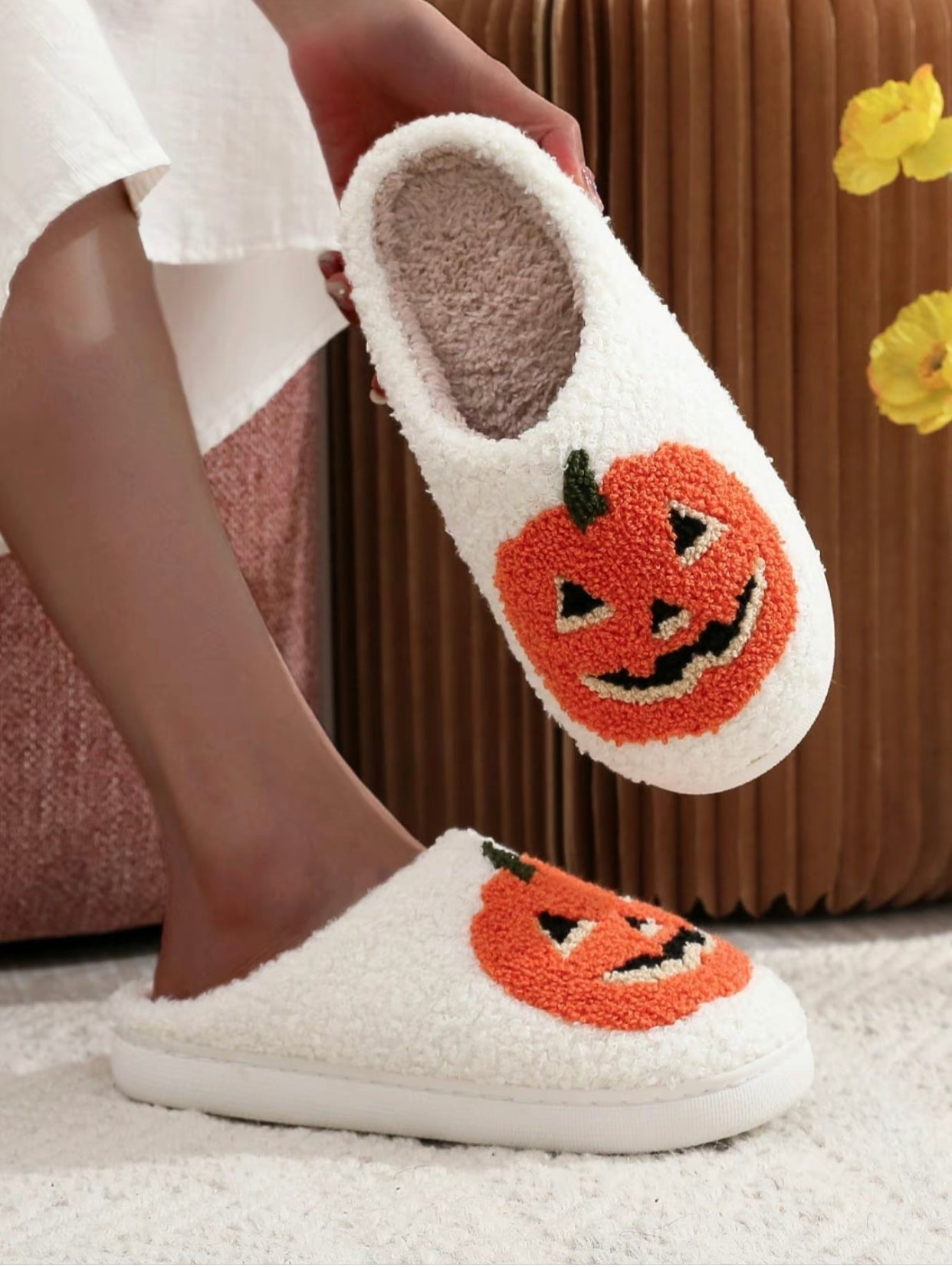 Embroidered Pumpkin Halloween Slippers